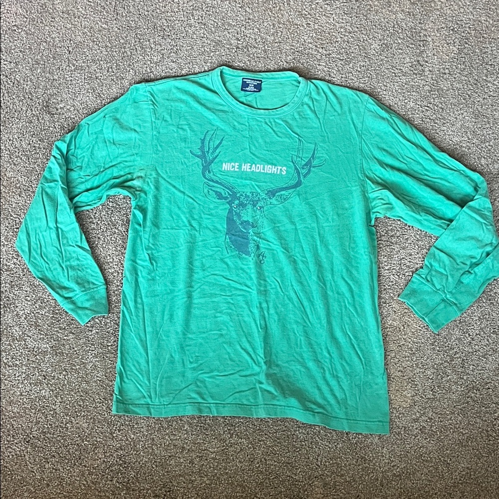 American Eagle Outfitters Teal Long Sleeve Shirt with Deer Graphic